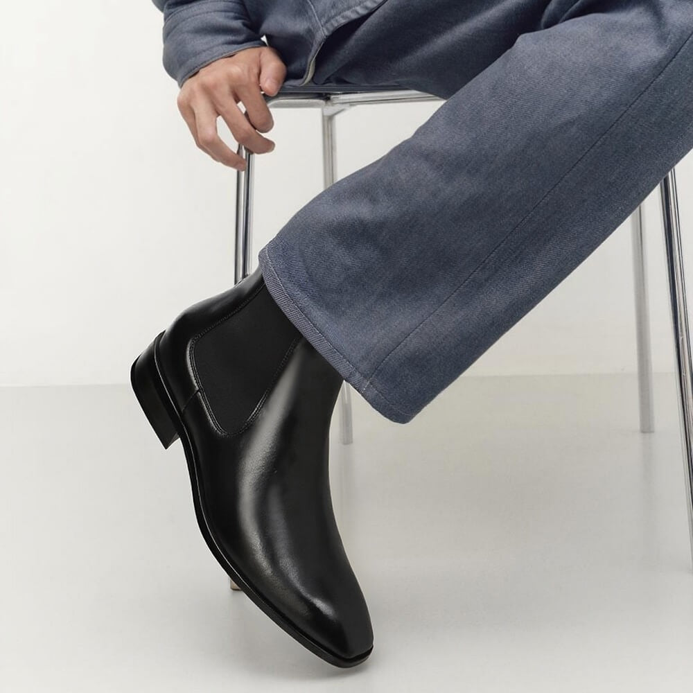 Chamaripa men black leather Chelsea boots height increase 7cm/2.8" tall