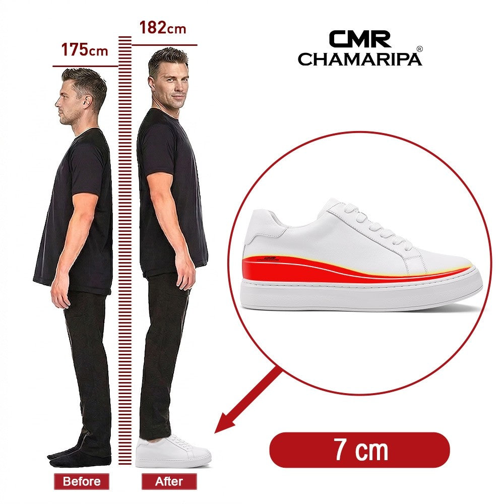 Chamaripa White Elevator shoes 7cm/ 2.76inches Men Height Increase Lace-up Sneaker