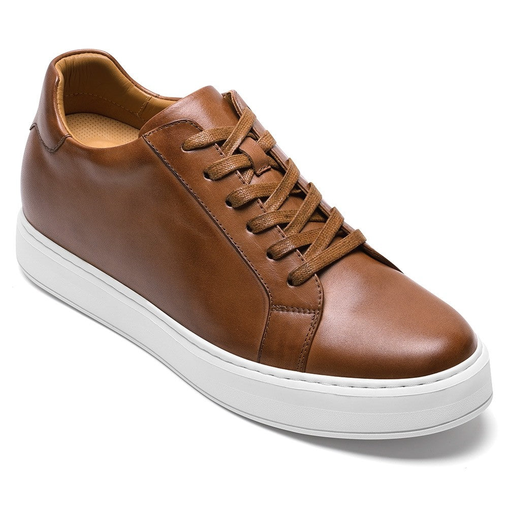 Chamaripa Elevator shoes 7cm/ 2.76inches Men Casual Sneaker Tan Leather Height Increase Shoes