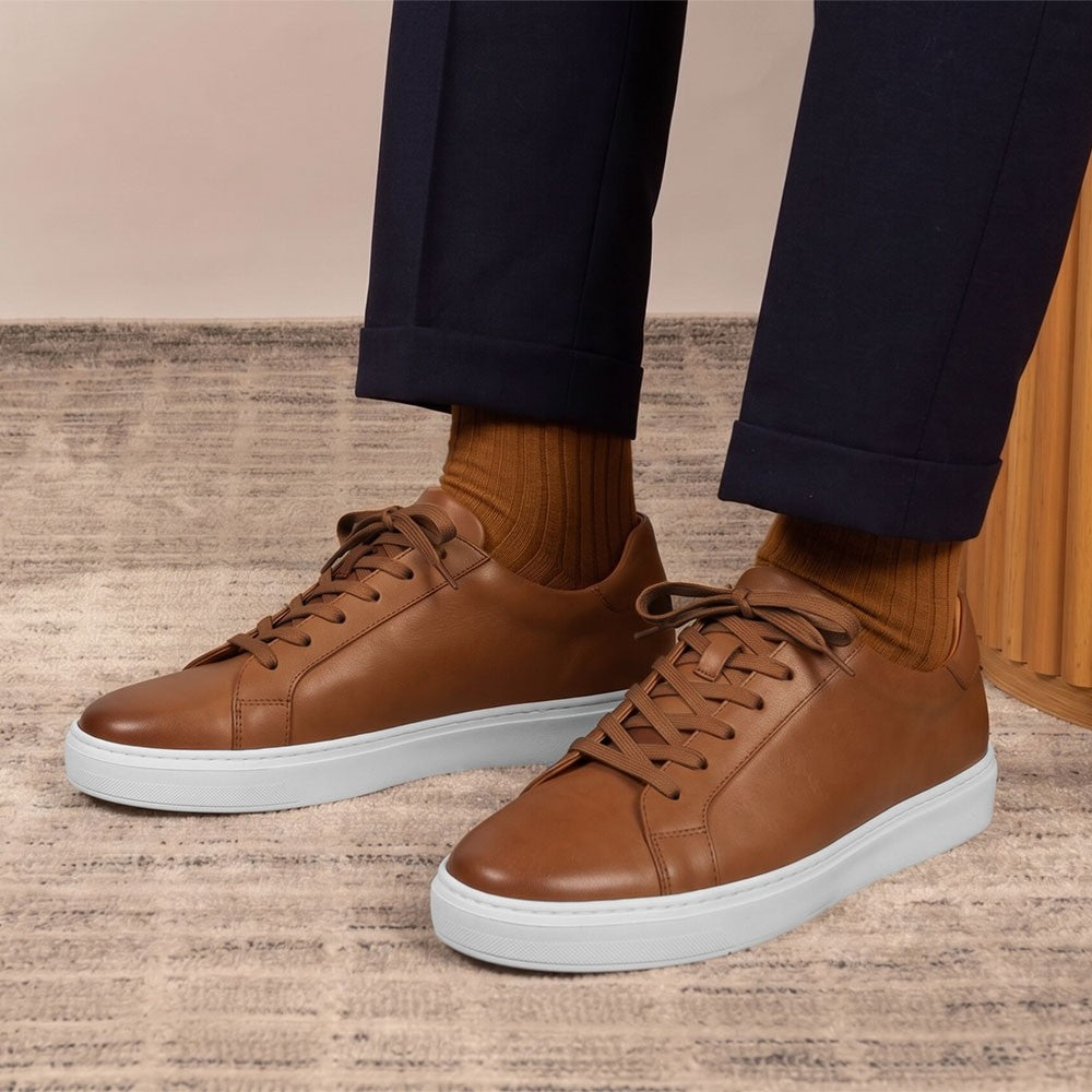 Chamaripa Elevator shoes 7cm/ 2.76inches Men Casual Sneaker Tan Leather Height Increase Shoes