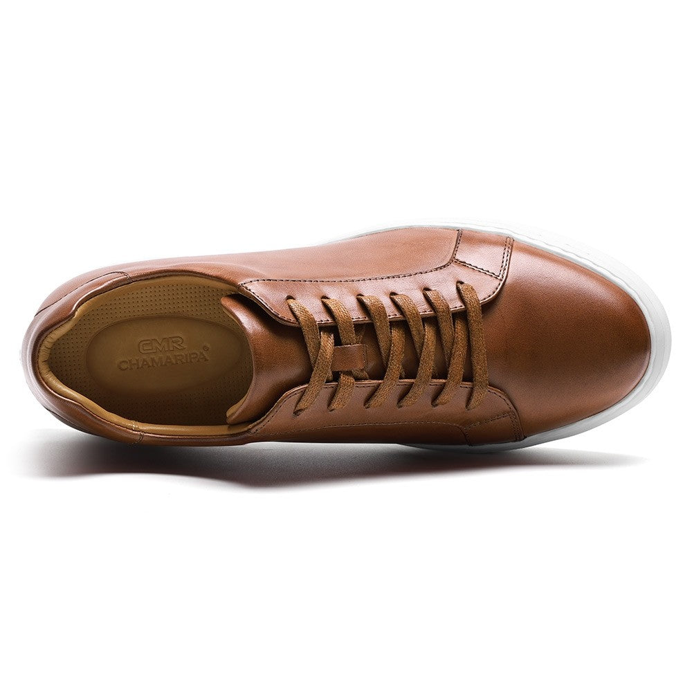 Chamaripa Elevator shoes 7cm/ 2.76inches Men Casual Sneaker Tan Leather Height Increase Shoes