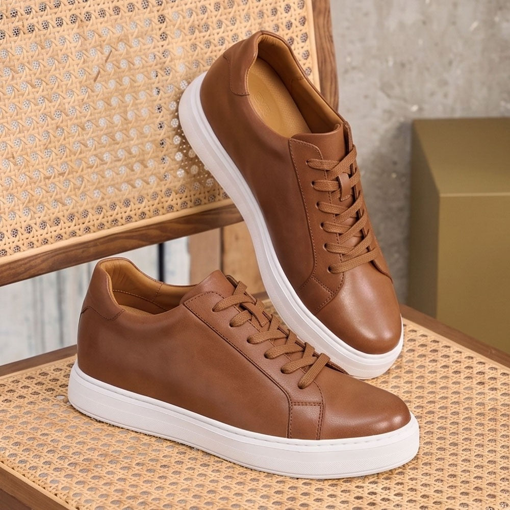 Chamaripa Elevator shoes 7cm/ 2.76inches Men Casual Sneaker Tan Leather Height Increase Shoes