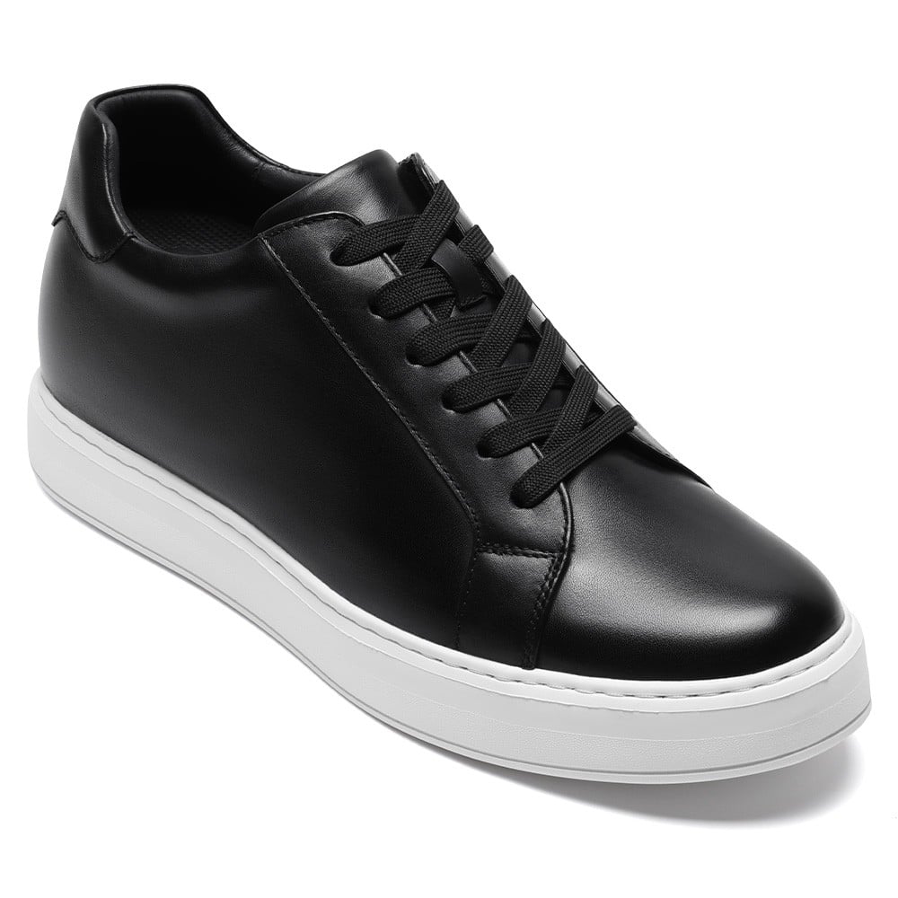 Chamaripa Black Elevator shoes 7cm/ 2.76inches Men Casual Sneaker Leather Height Increase Shoes