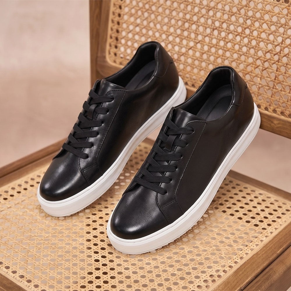 Chamaripa Black Elevator shoes 7cm/ 2.76inches Men Casual Sneaker Leather Height Increase Shoes