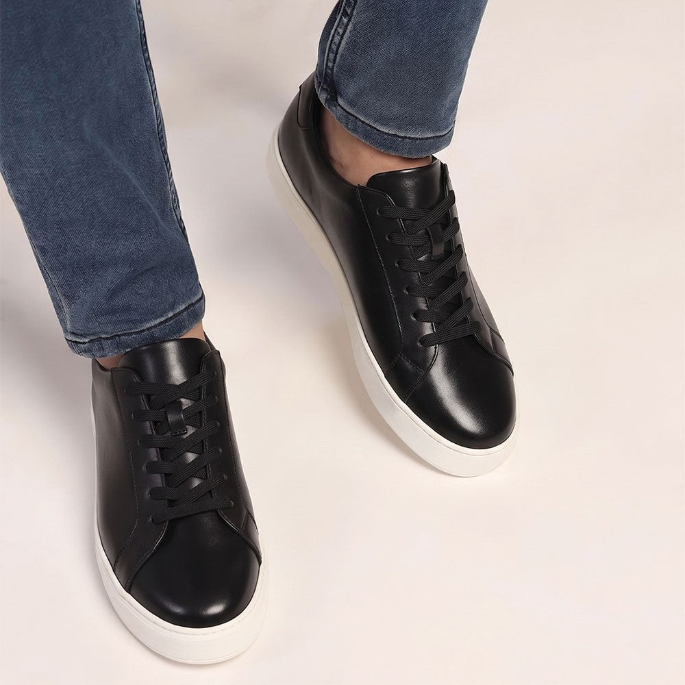 Chamaripa Black Elevator shoes 7cm/ 2.76inches Men Casual Sneaker Leather Height Increase Shoes