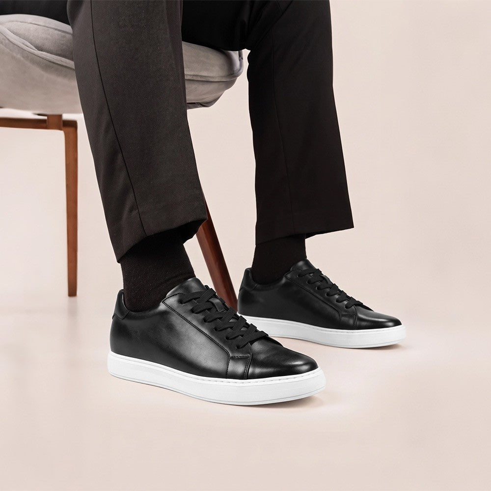 Chamaripa Black Elevator shoes 7cm/ 2.76inches Men Casual Sneaker Leather Height Increase Shoes