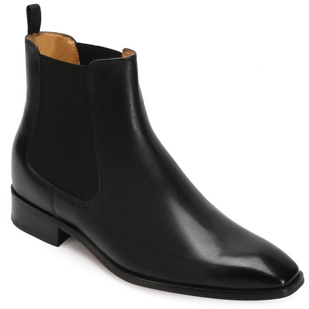 Chamaripa men black leather Chelsea boots height increase 7cm/2.8" tall