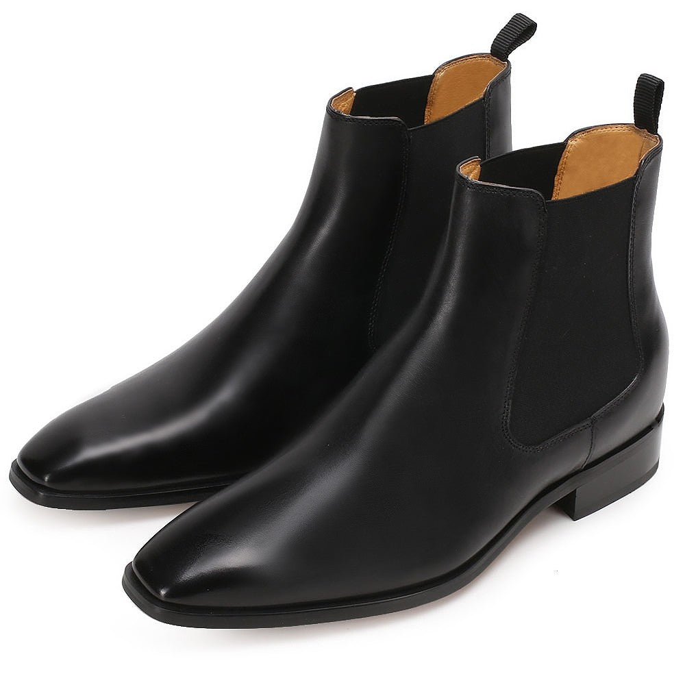 Chamaripa men black leather Chelsea boots height increase 7cm/2.8" tall