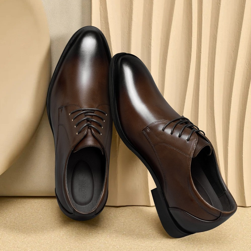 Chamaripa Brown Elevator shoes 7cm / 2.76 inches Men Height increase Shoes Make You Taller Leather Oxford