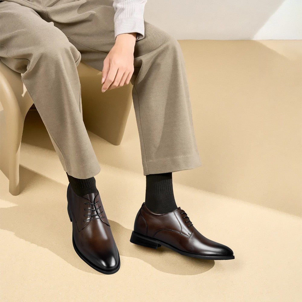 Chamaripa Brown Elevator shoes 7cm / 2.76 inches Men Height increase Shoes Make You Taller Leather Oxford