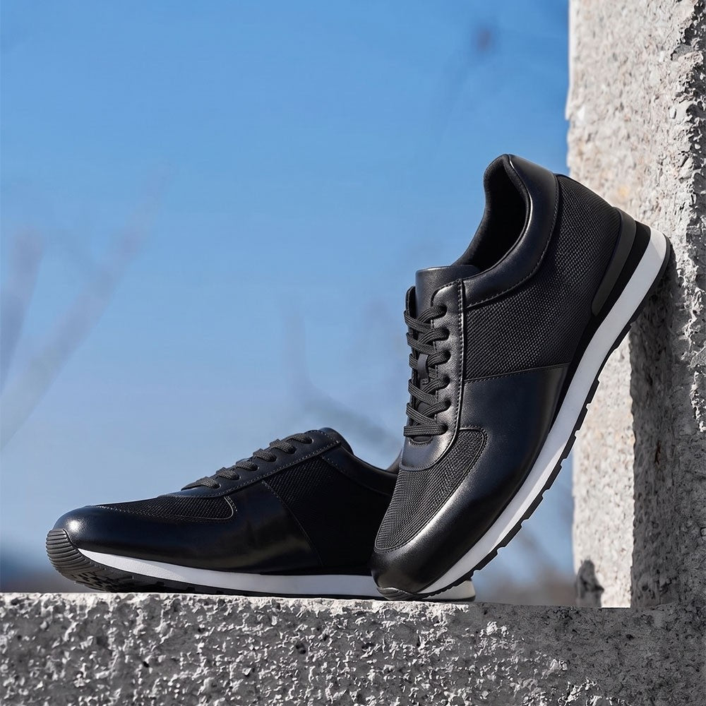 Chamaripa Elevator shoes 8cm / 3.15inches Men Lace Up Mesh Breathable Black Sneaker