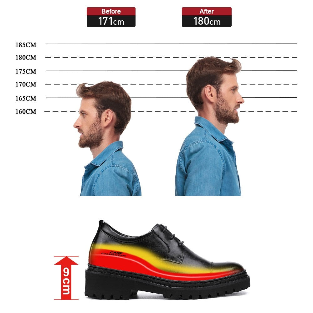 Chamaripa Black Elevator shoes For Men 9cm / 3.54inches Make You Taller Leather Oxford